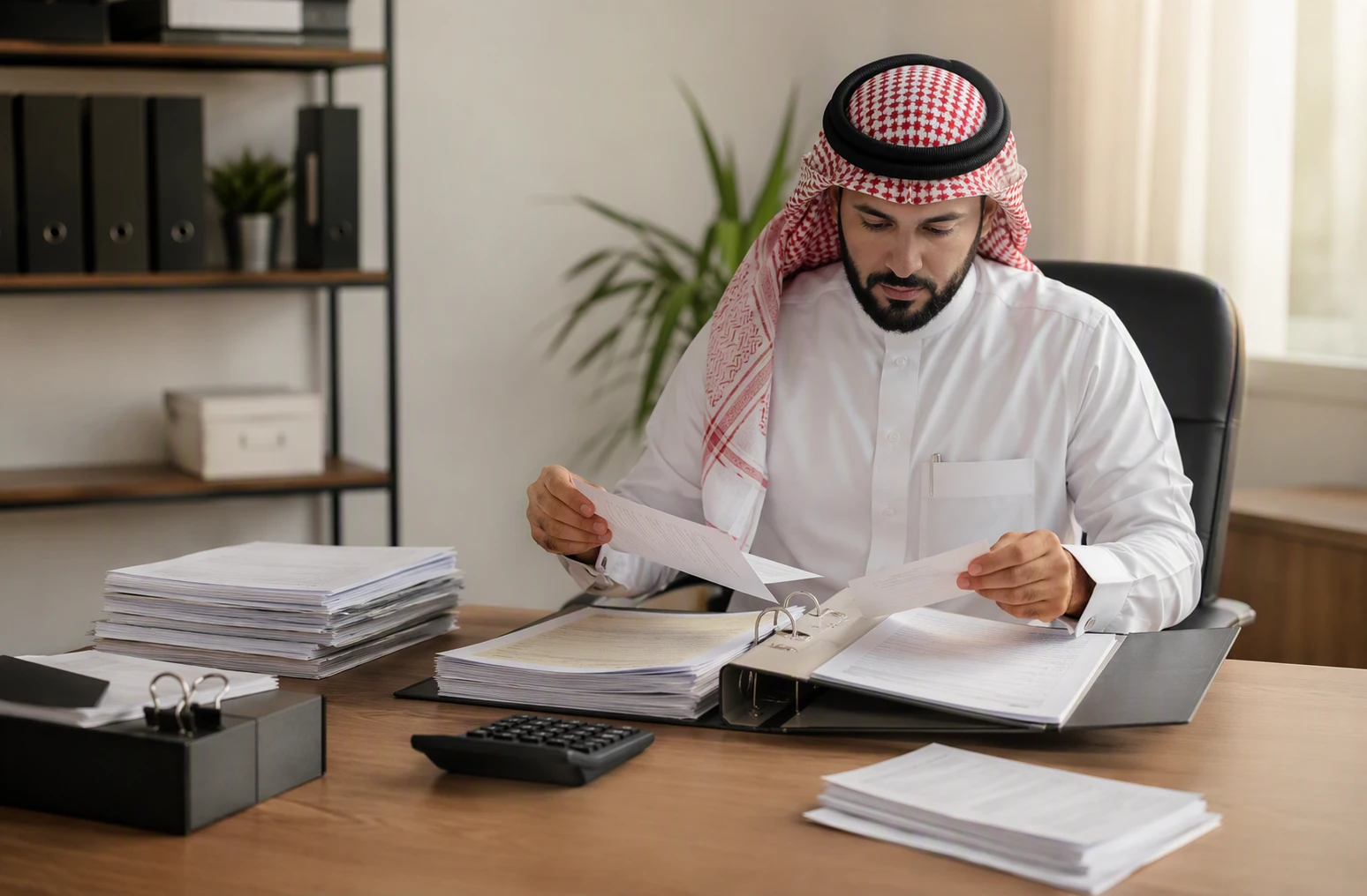 محاسب سعودي يفحص فواتير وعقود شركة صغيرة مع آلة حاسبة