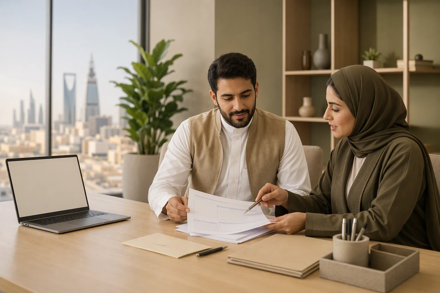 مؤسس متجر يشرح فواتير ضريبية مع مستشار في مكتب حديث