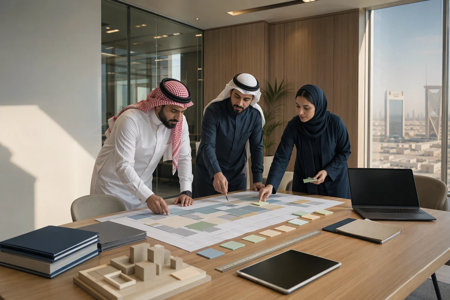 مدير مشروع سعودي يناقش مخطط تنفيذ مع فريقه في مكتب حديث