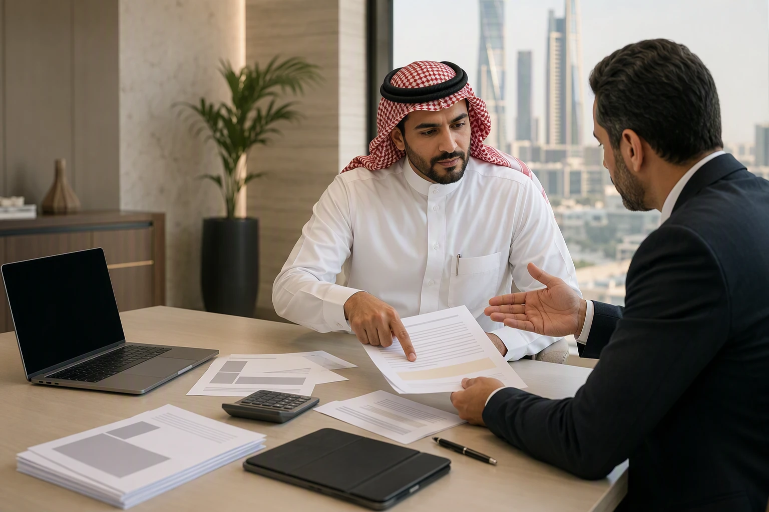مدير مالي يستعرض عقد ضريبي مع مستشار في بيئة عمل متكاملة