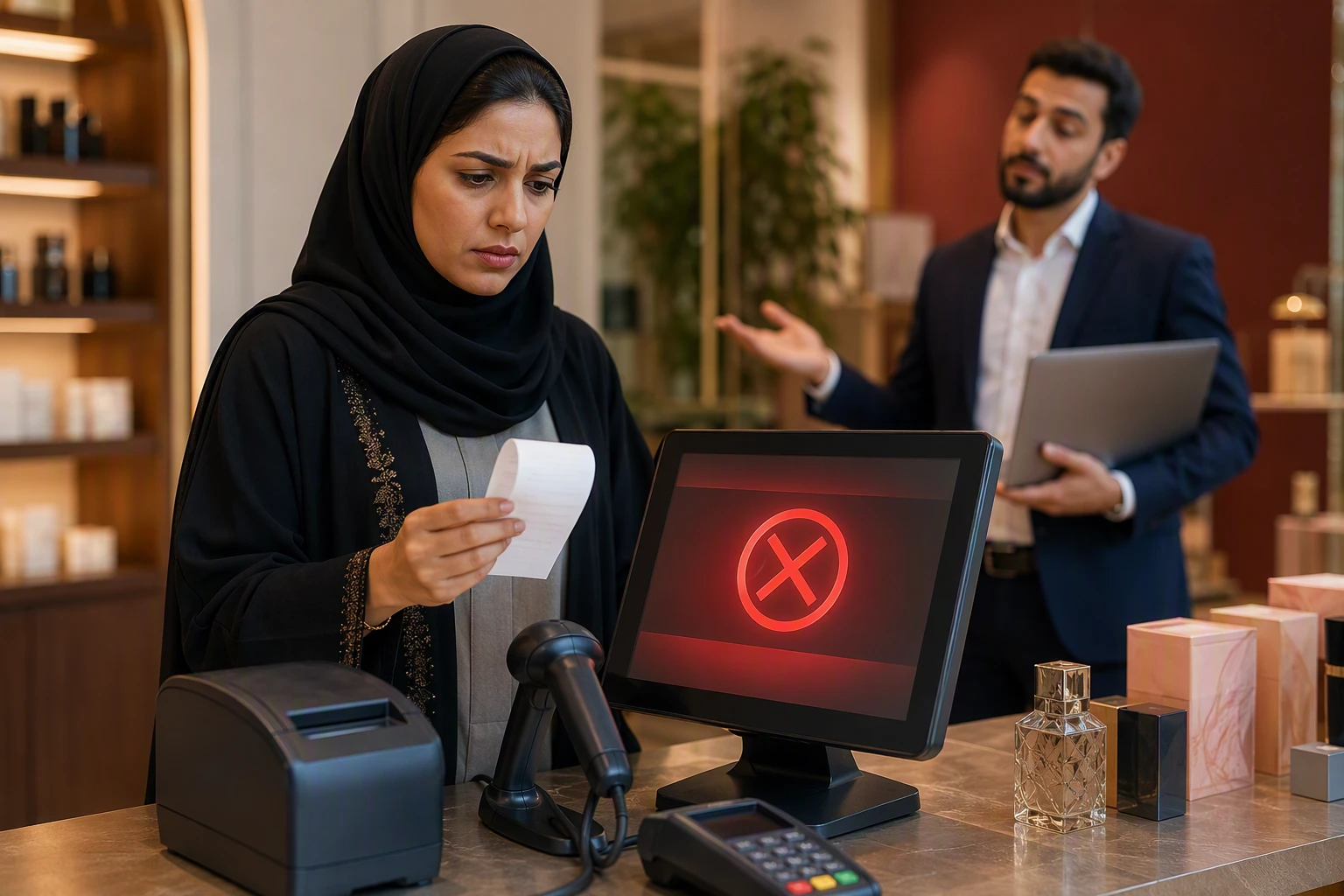 سيدة تجارية تفحص فاتورة إلكترونية مرفوضة على جهاز نقاط البيع