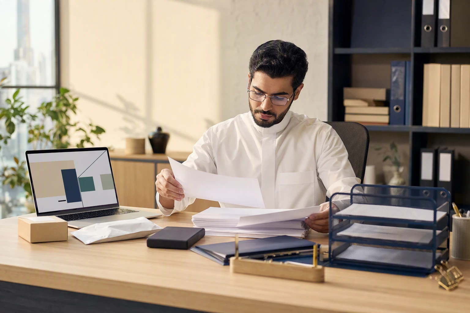 محاسب يدرس فواتير متجر إلكتروني على مكتب مع تقارير ضريبية