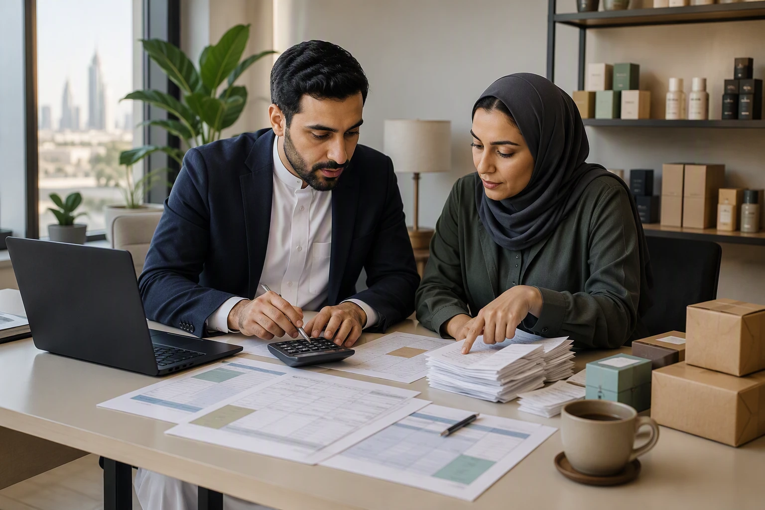 مؤسسان يدرسان جداول مالية مع آلة حاسبة في مكتب