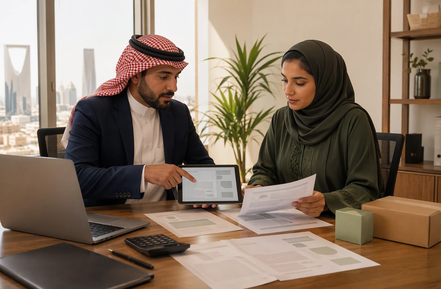 مستشار مالي يشرح تفاصيل فواتير إلكترونية لصاحبة متجر عبر الإنترنت