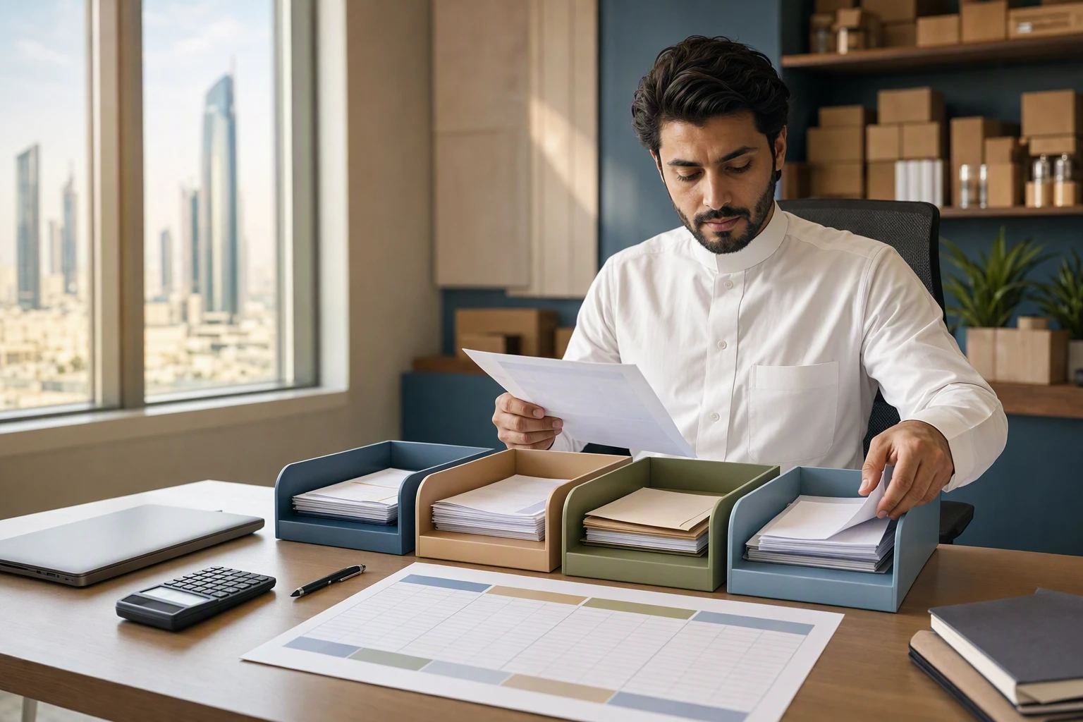 محاسب يدرس فواتير ومخطط ميزانية سنوية على مكتبه