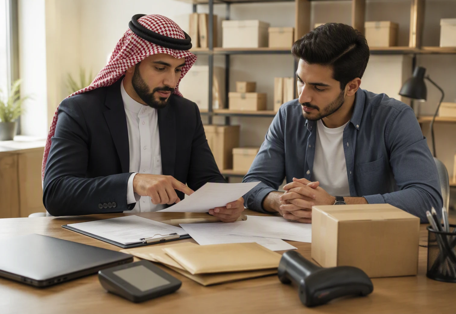 محاسب يدرس فواتير متجر إلكتروني مع صاحب الشركة