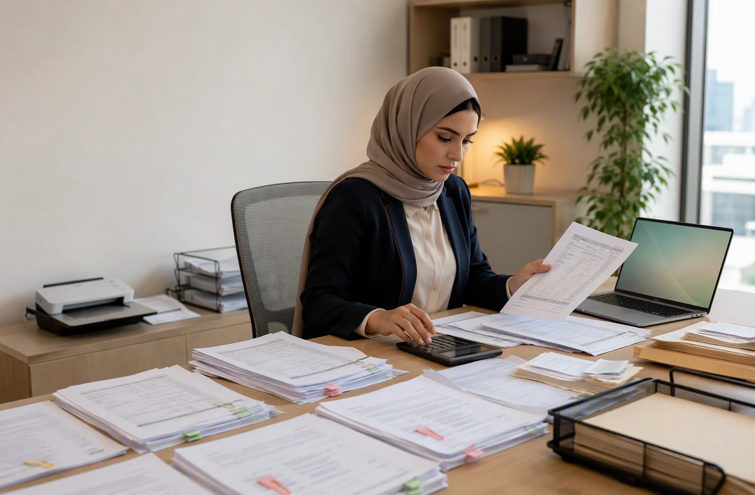موظفة مالية تدقق فواتير الموردين أمام كشوف البنك