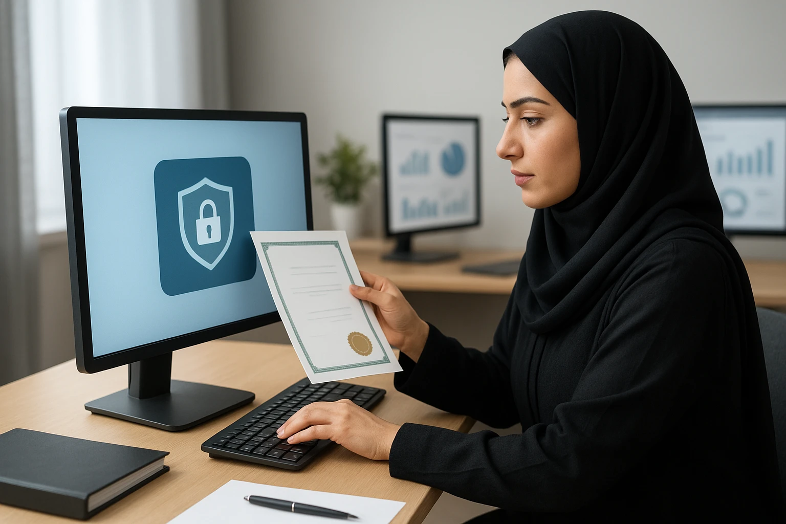 موظفة مالية تحفظ شهادة ضريبية في ملف رقمي