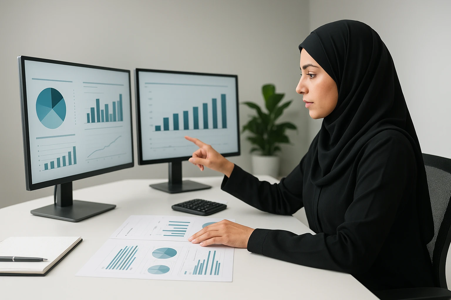 مديرة مالية تقارن تقارير متجر إلكتروني في مكتب عصري