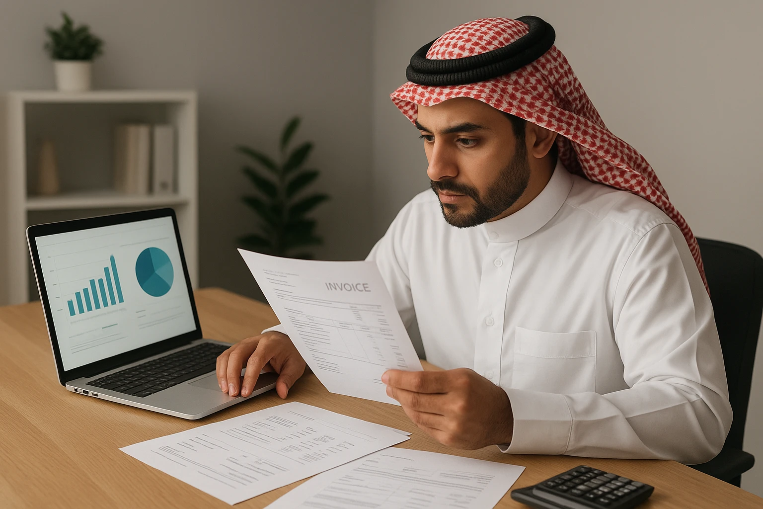 صاحب متجر يراجع فواتيره قبل تسجيل زاتكا
