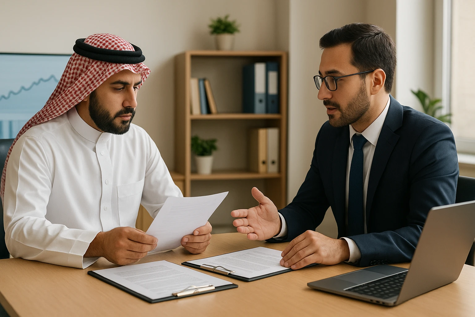 مؤسس سعودي يراجع عقداً مع مستشار ضريبي في مكتب