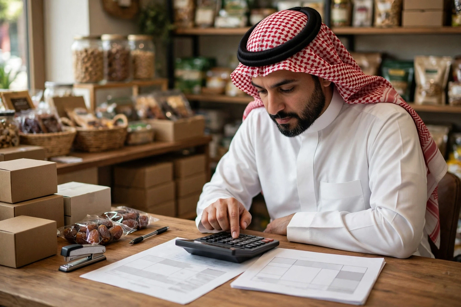صاحب متجر يحسب هامش الربح أمام فاتورة الخصومات