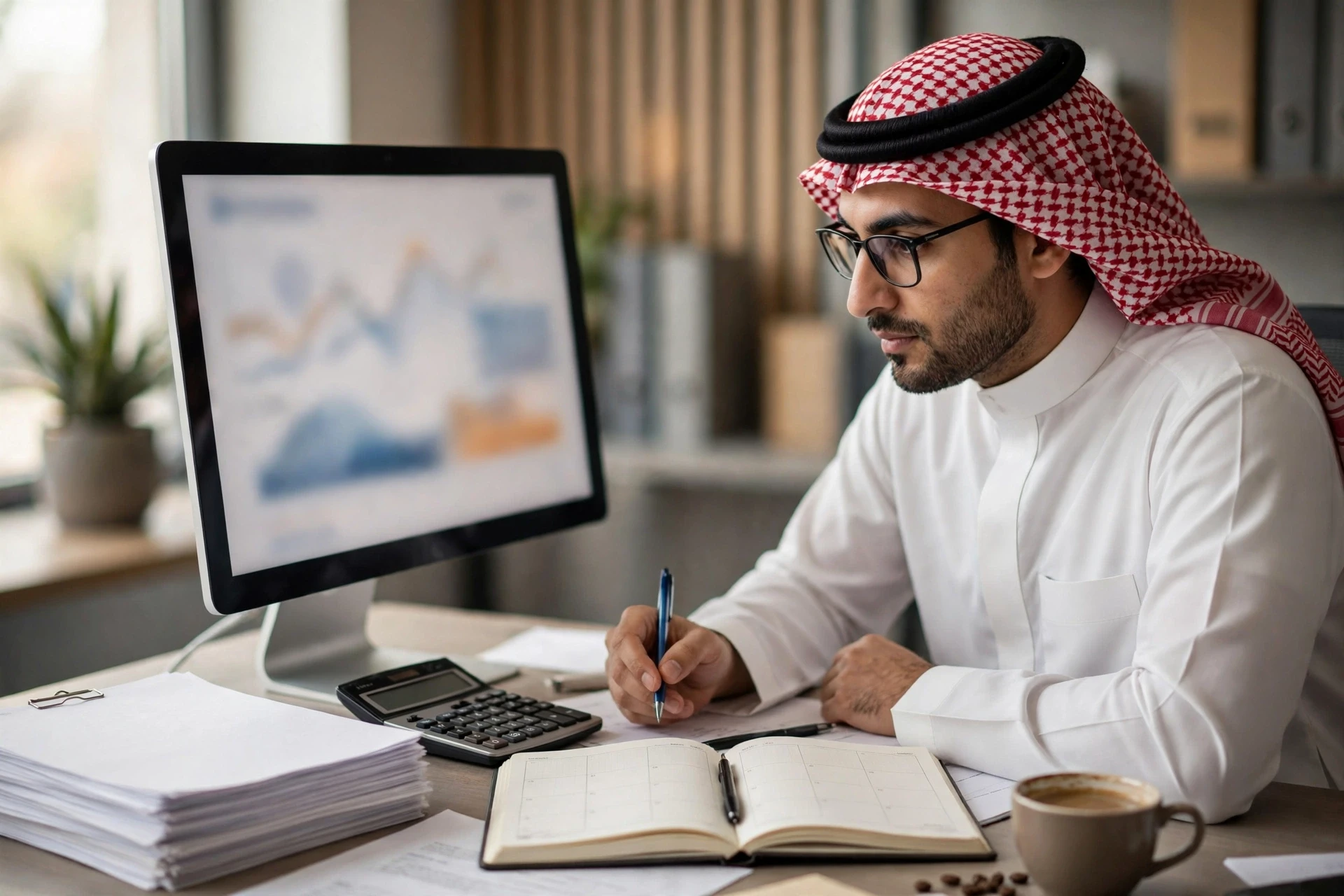 محاسب سعودي يراجع التدفقات النقدية على شاشته