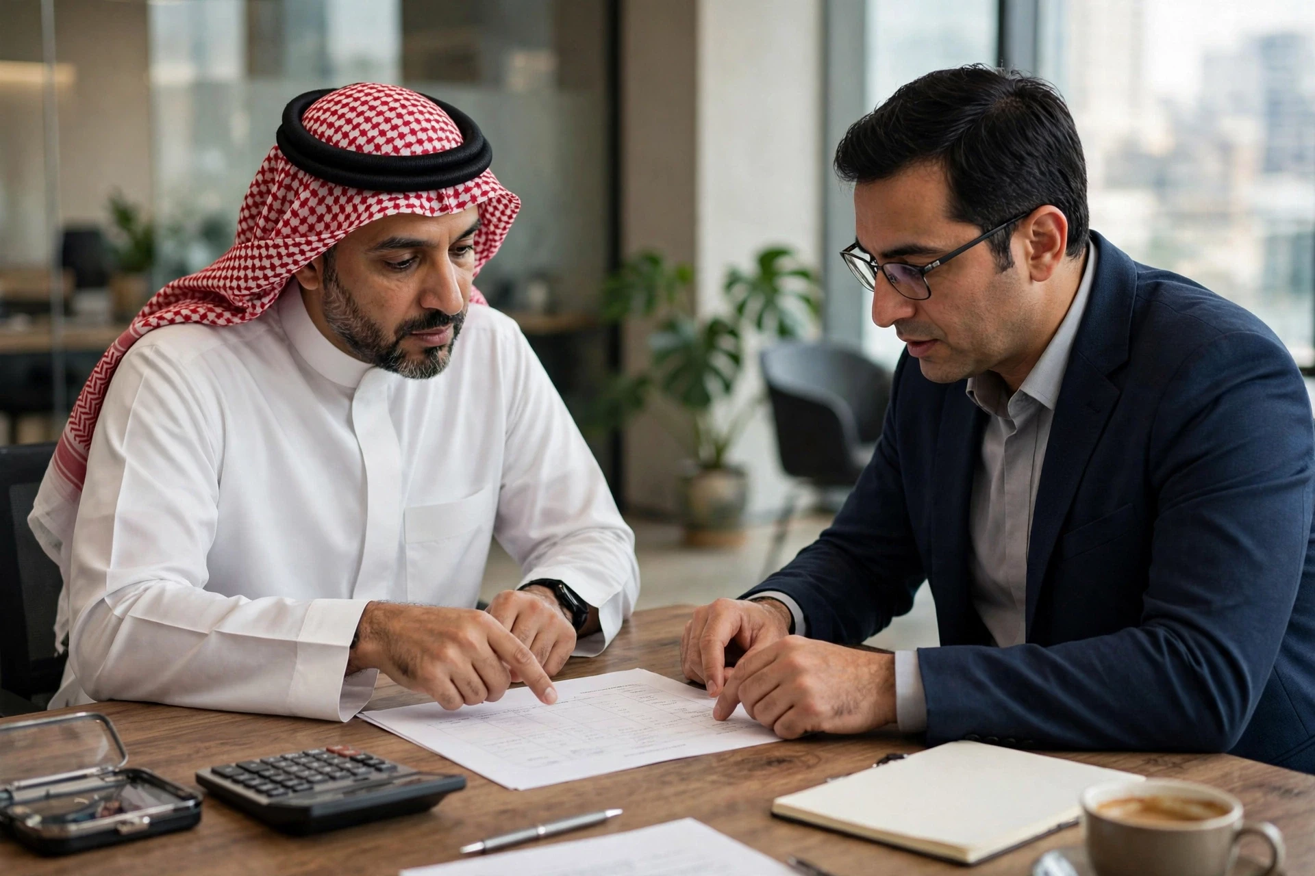 مدير مشروع ومحاسب يناقشان مقارنة التكاليف أمام جدول ميزانية