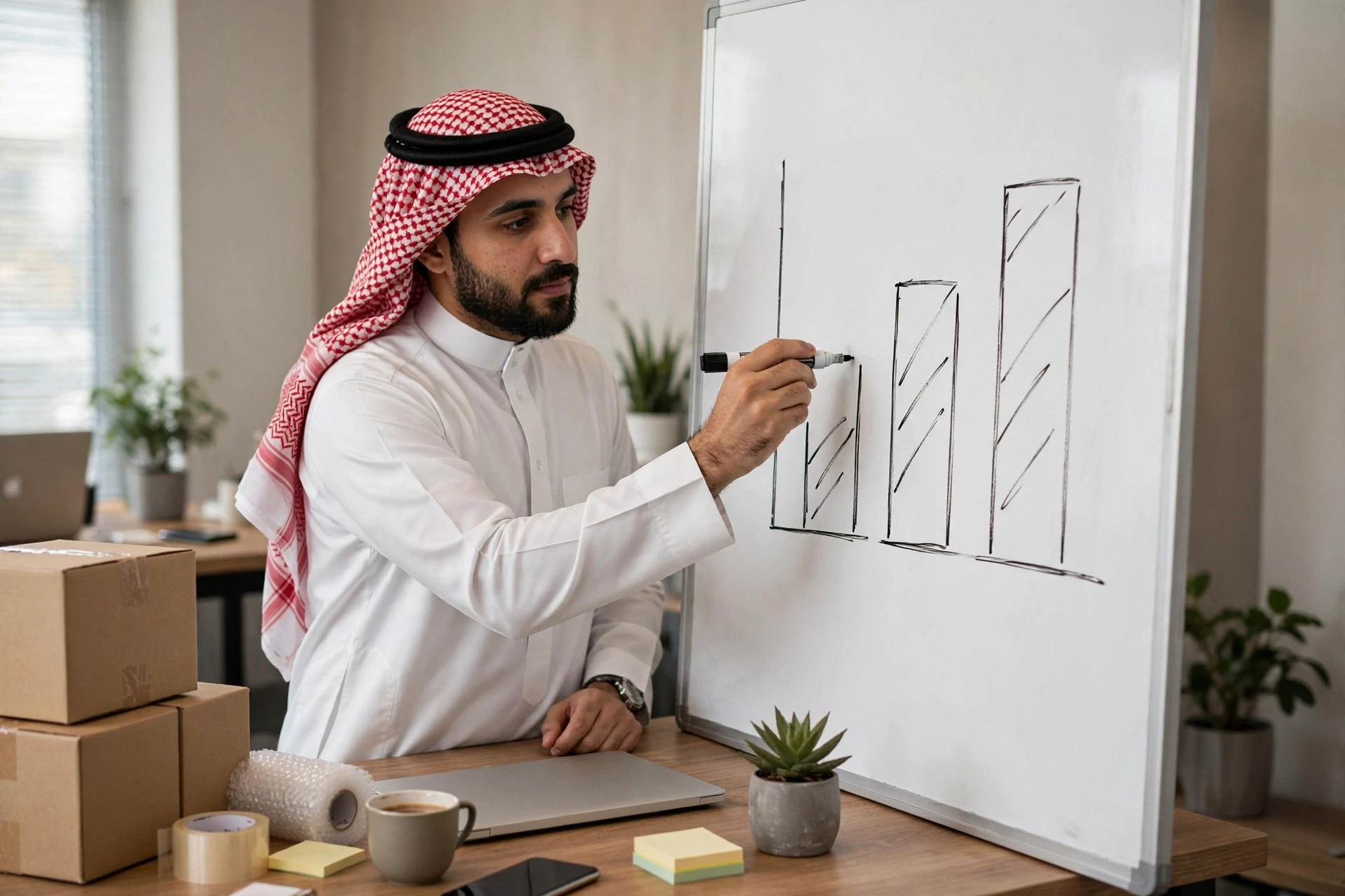صاحب متجر يرسم مخطط أعمدة ربحية المشاريع