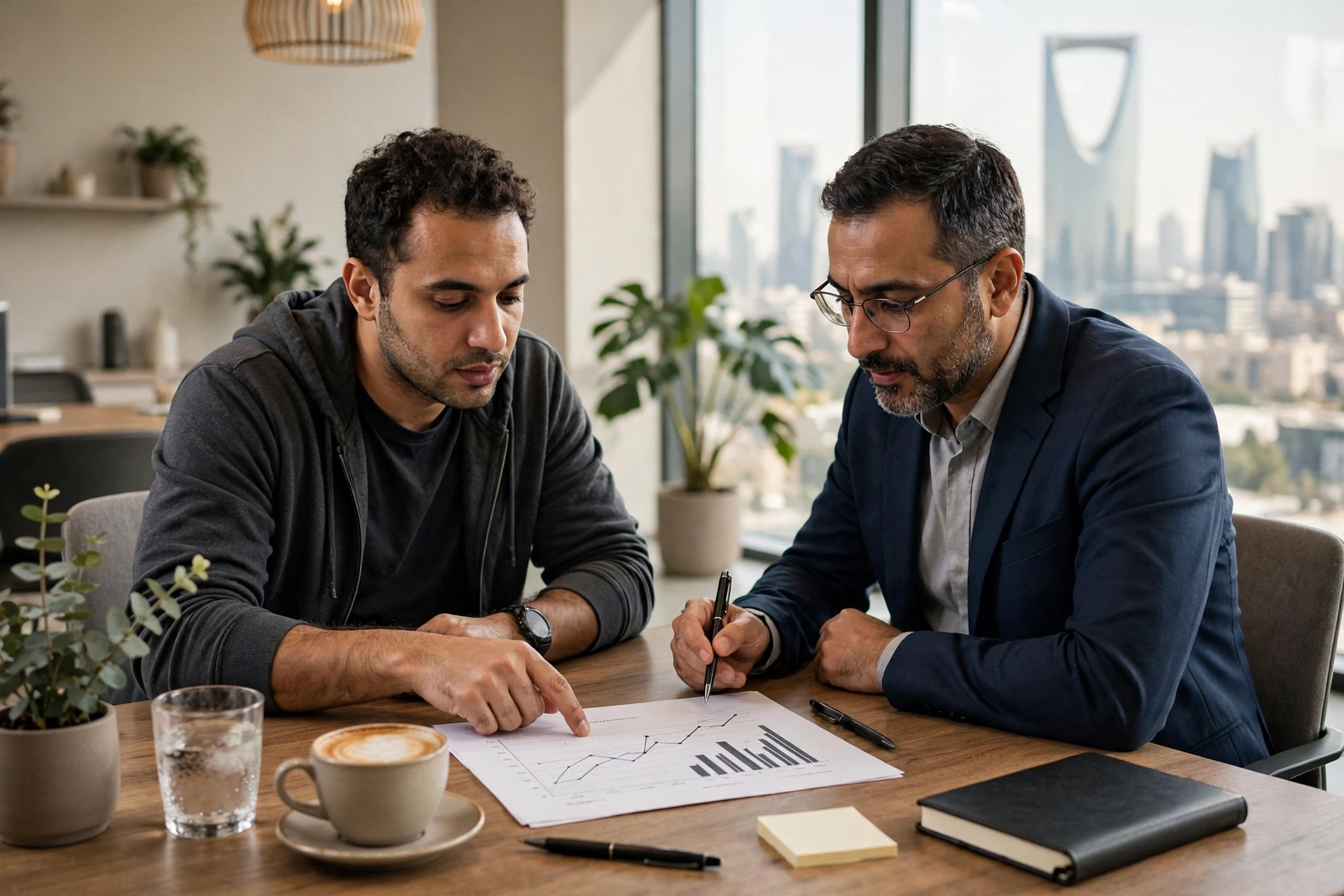 مؤسس ناشئ يراجع التدفق النقدي مع مستشار مالي
