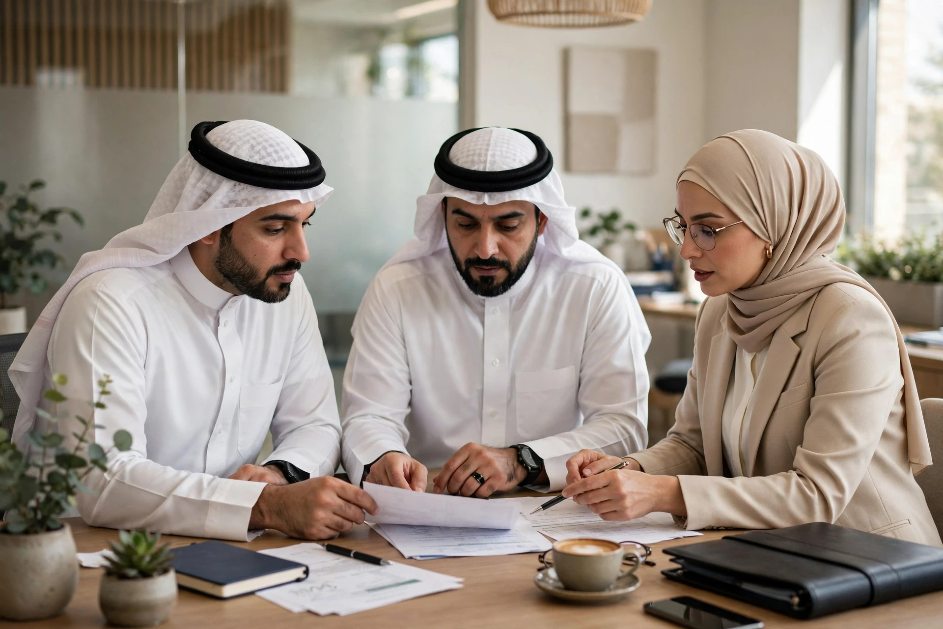 مكتب مضيء يجمع صاحبي عمل سعوديين مع محاسب لمراجعة كشف التدفق النقدي