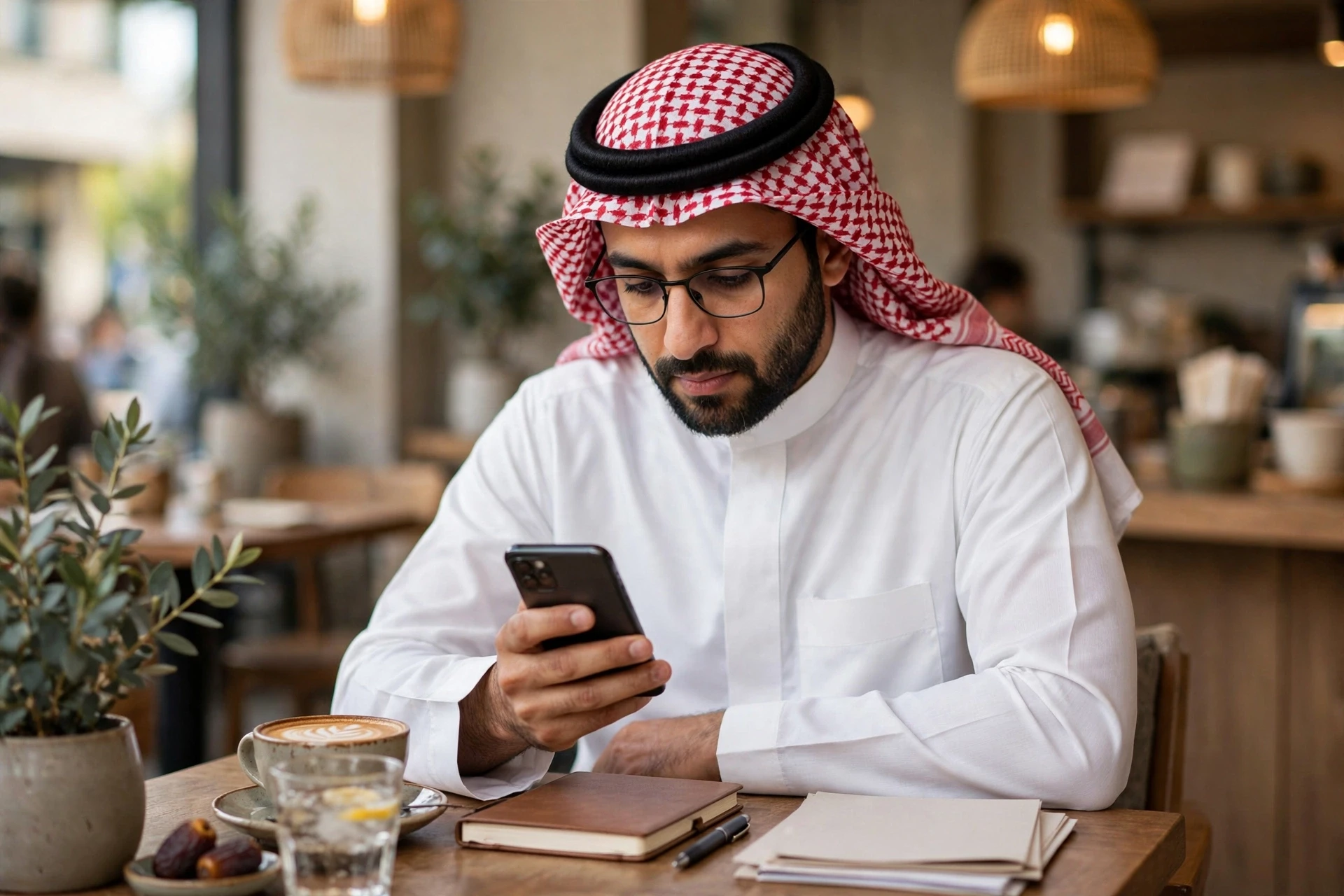 رجل أعمال سعودي يراجع جدول التدفقات النقدية على جواله في مقهى