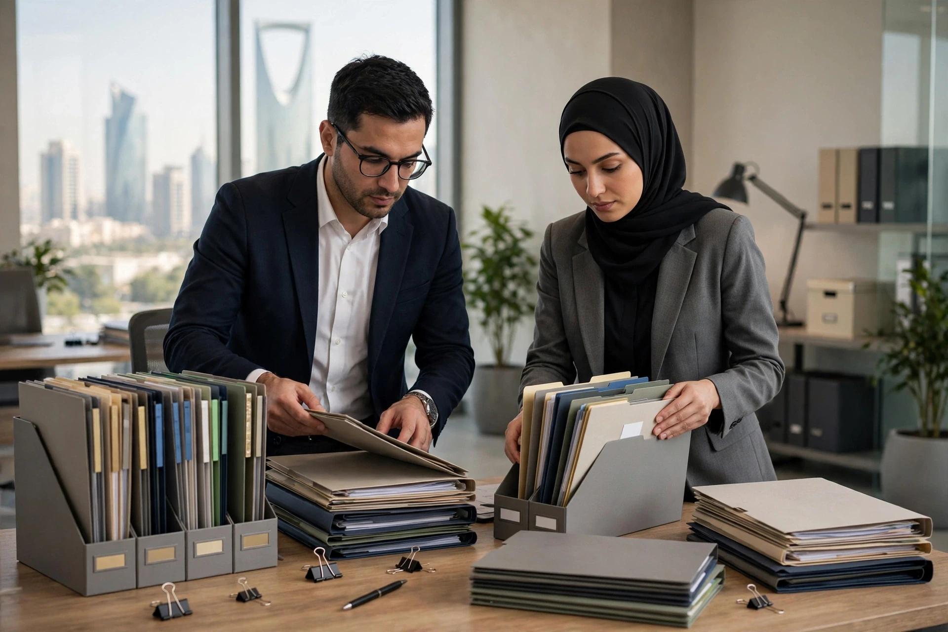 محاسبون يرتبون ملفات ضريبية مفهرسة في مكتب الرياض