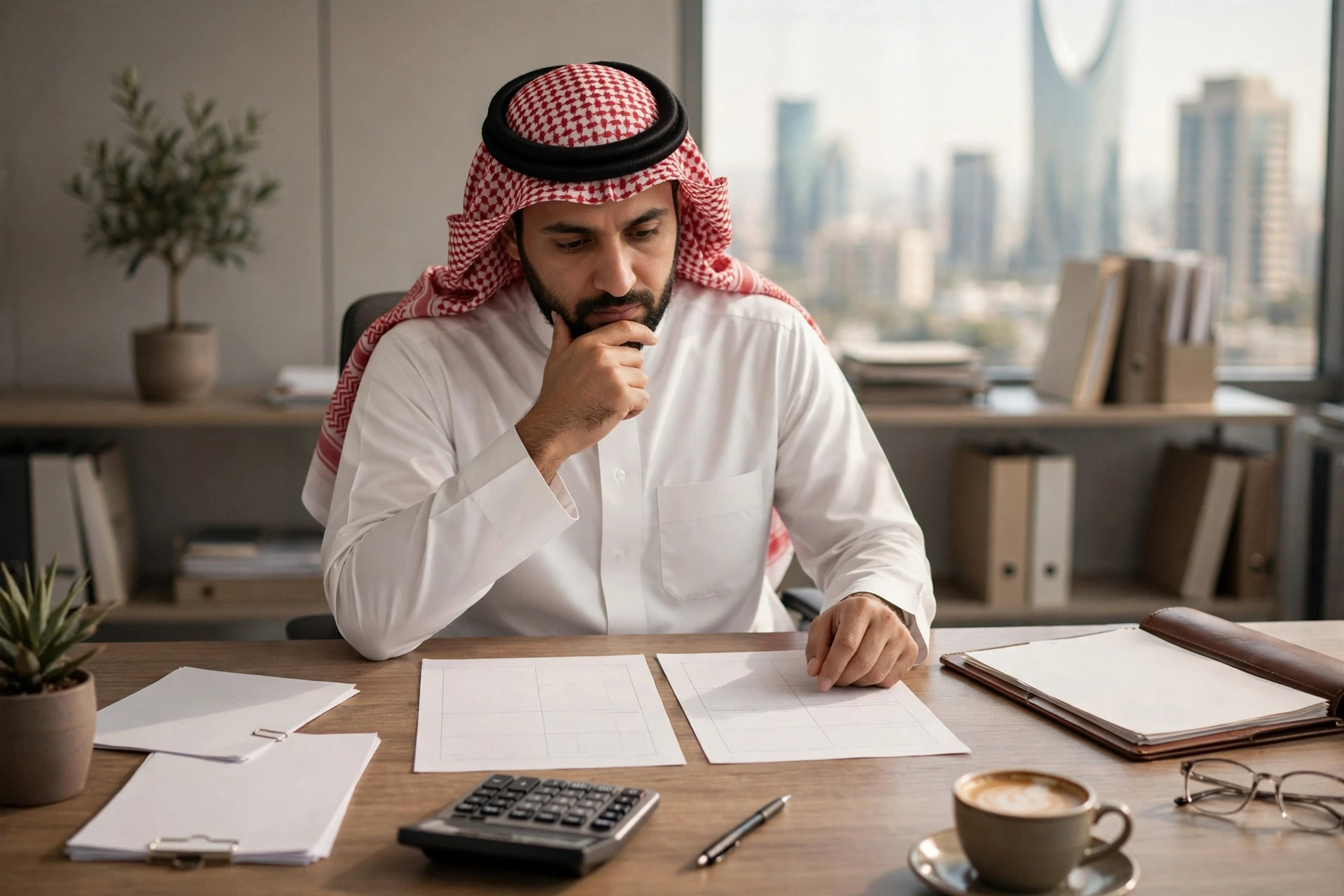 صاحب منشأة يقارن عرضي خدمات على مكتبه