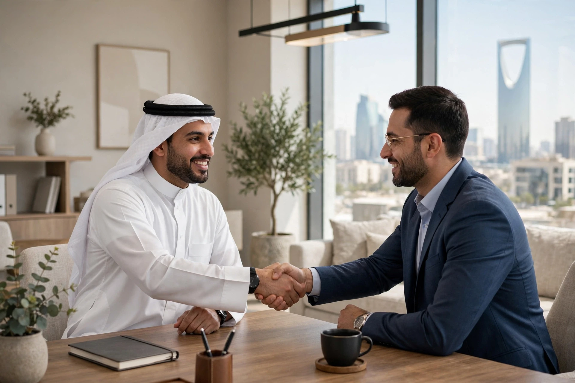 مصافحة بين مؤسس شركة ومستشار مالي في مكتب الرياض