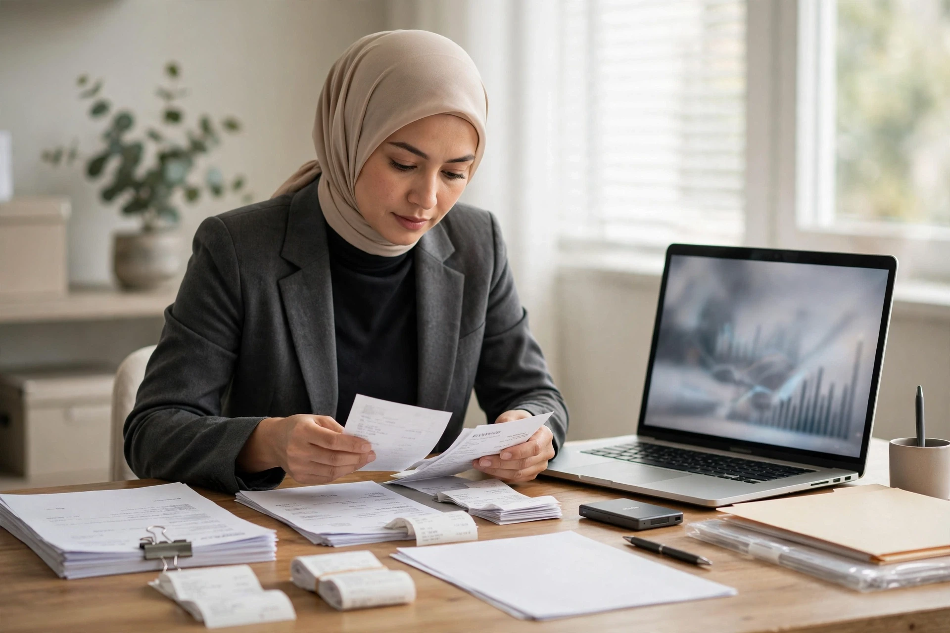 موظف مالي يدقق الفواتير الورقية والإلكترونية