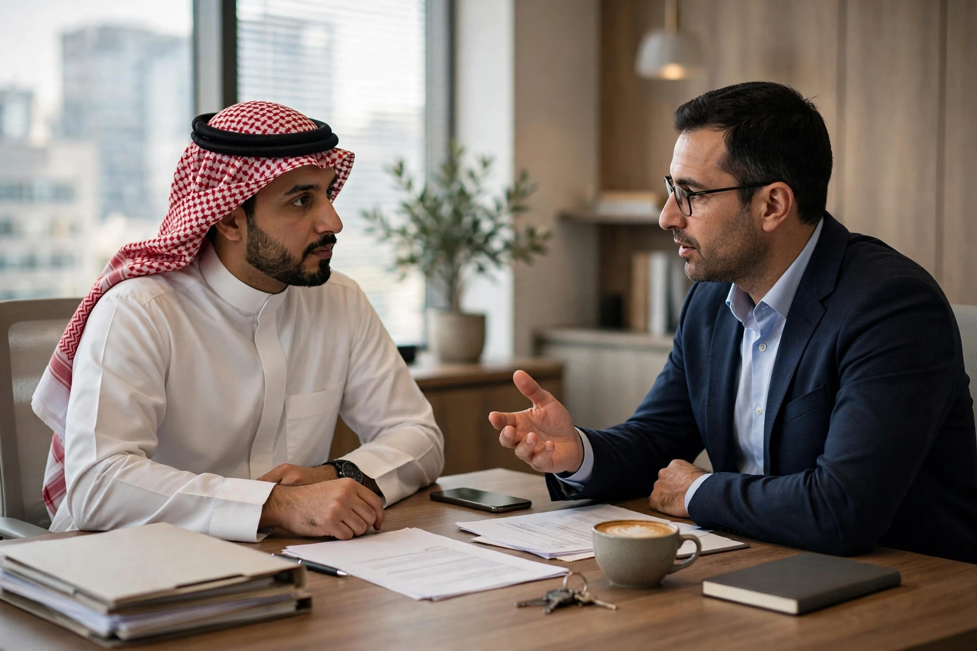 صاحب عمل سعودي يقابل مستشاراً مالياً في مكتب