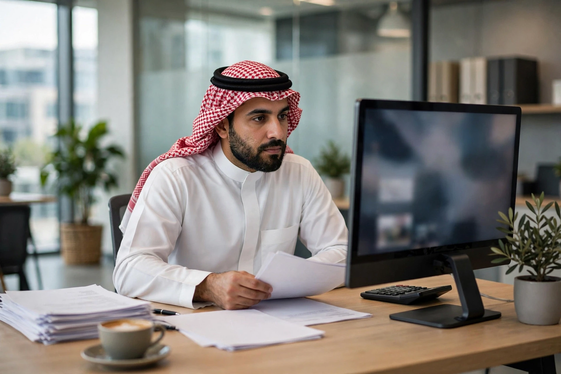 مدير مالي سعودي يراجع الفواتير على شاشة الحاسوب