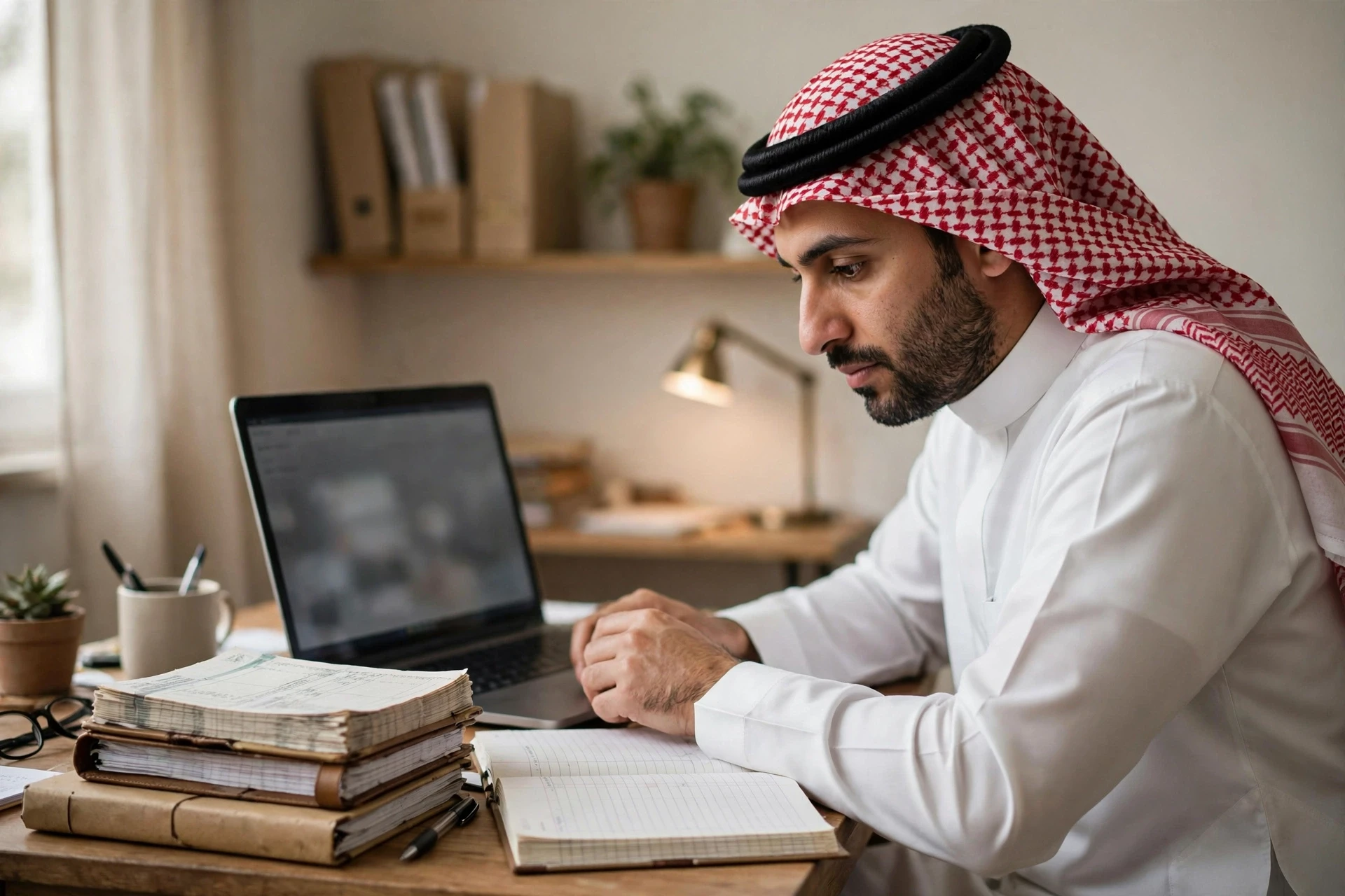 مدير مالي يراجع كشف الحساب بجانب دفاتر ورقية