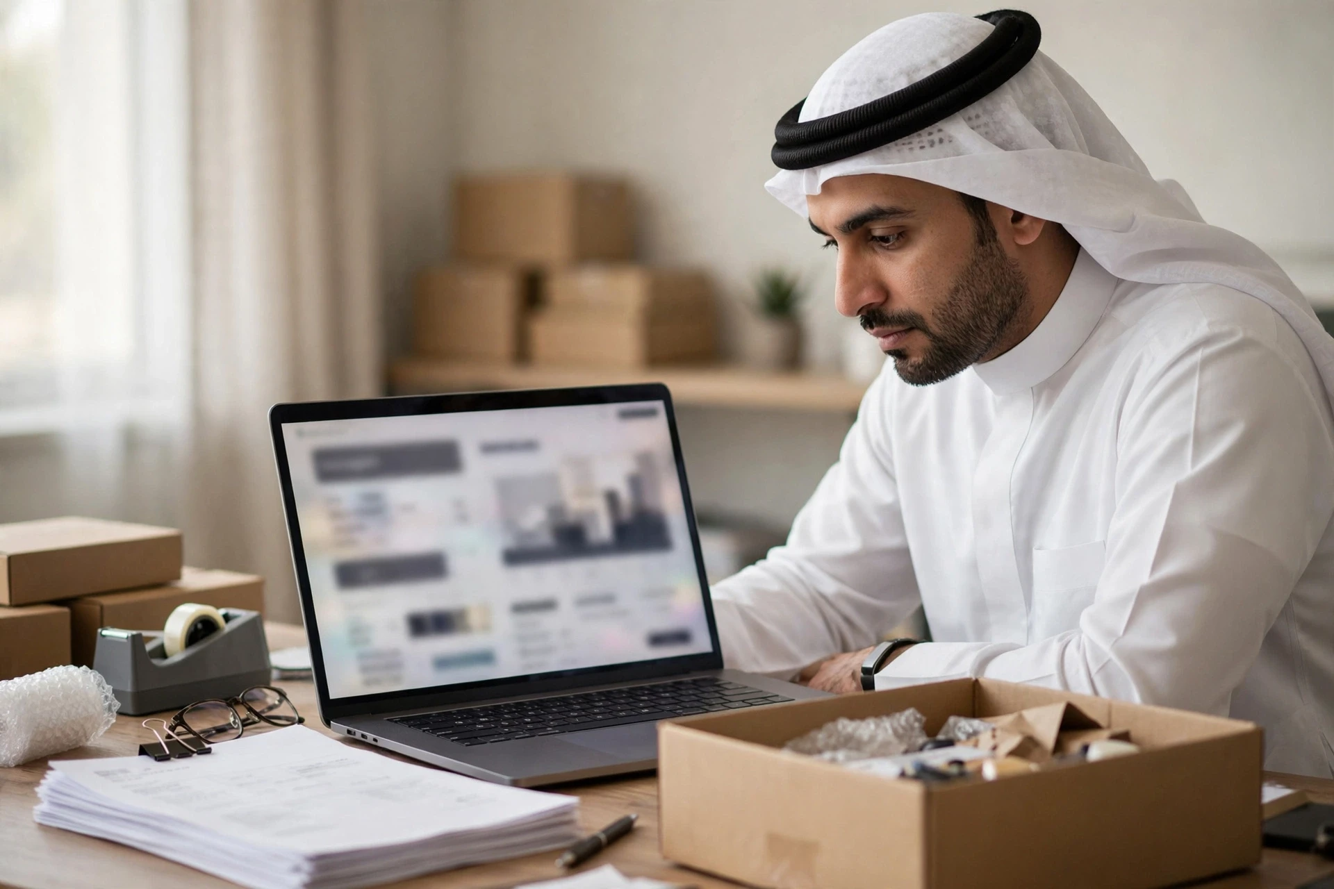 صاحب متجر إلكتروني يراجع فواتير البيع على شاشته
