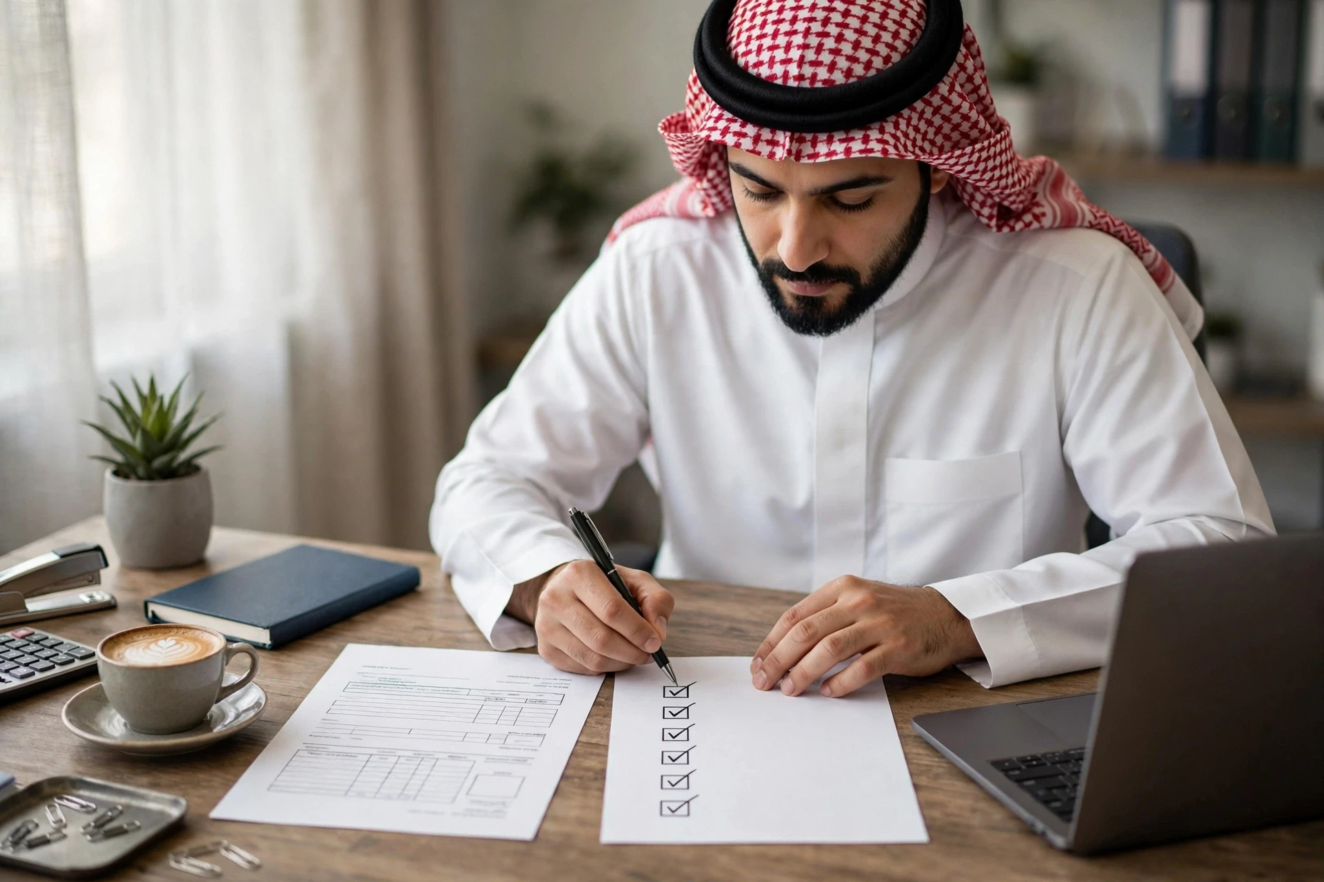 محاسب سعودي يراجع فاتورة ورقية بقائمة تحقق