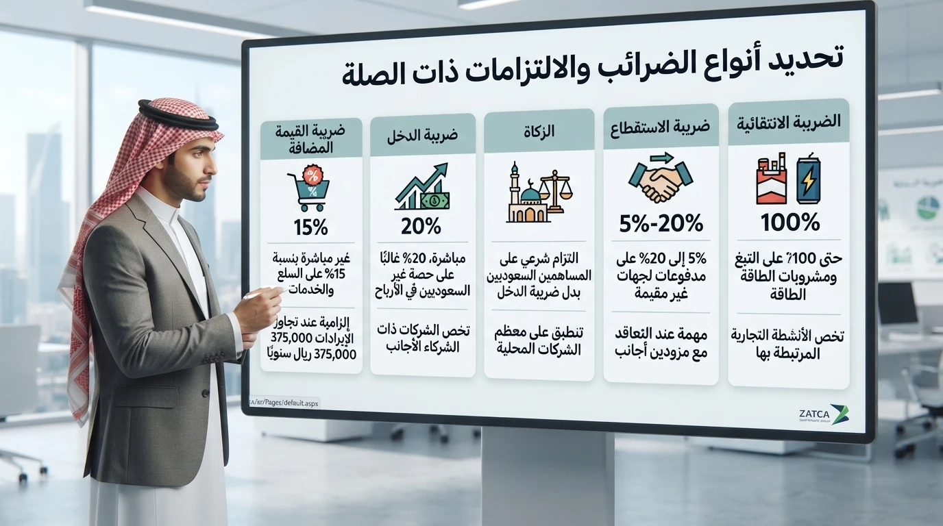 جدول توضيحي لأنواع الضرائب والالتزامات المالية للشركات