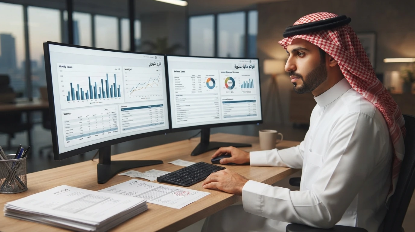محاسب يراجع بيانات مالية رقمية متكاملة