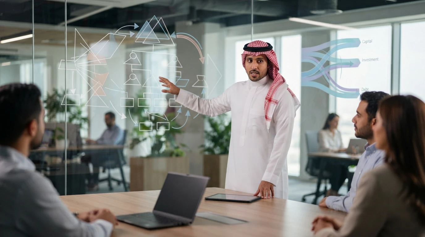 مدير مالي يستعرض هيكل رأس المال على شاشة بيانات