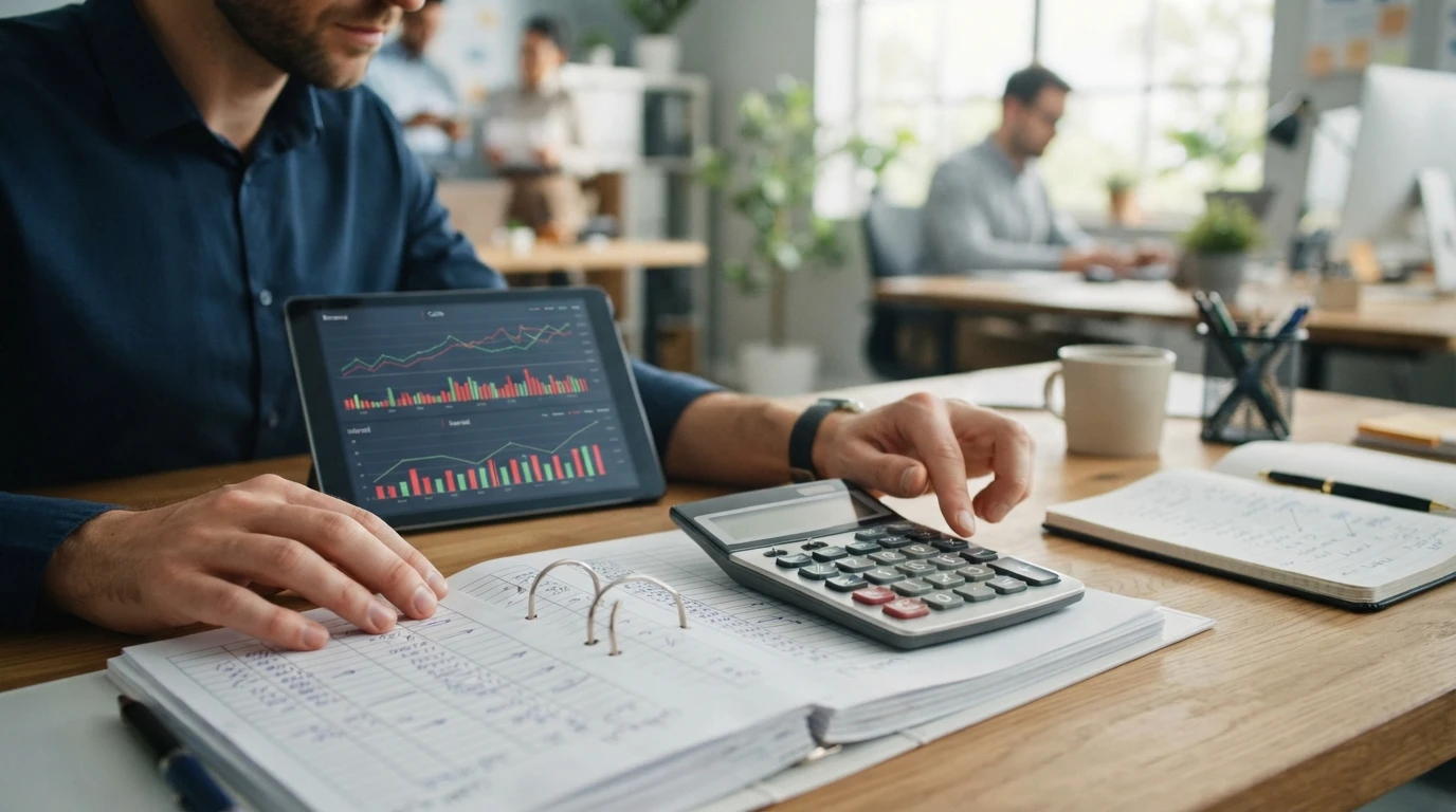 أصابع تحسب على آلة حاسبة فوق مكاتب وأوراق مالية