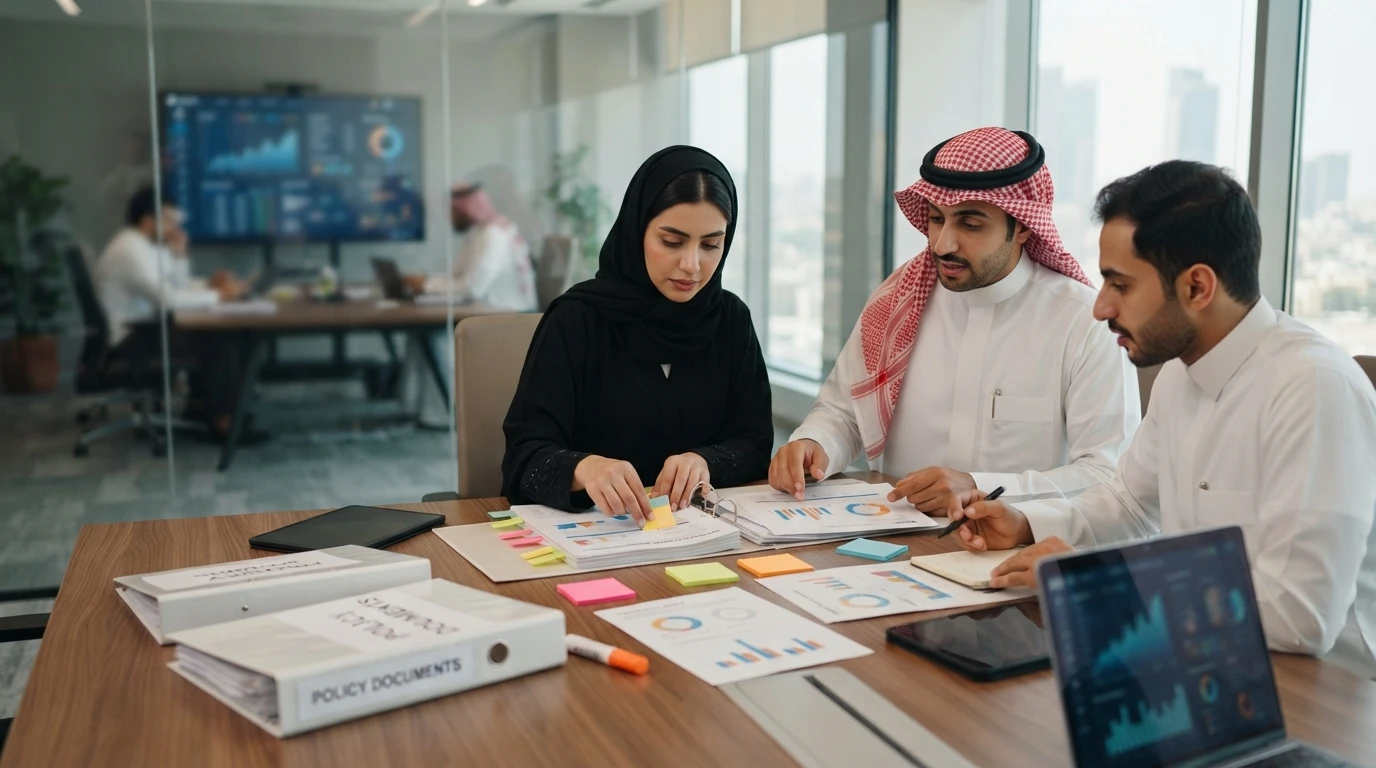 فريق محاسبي يراجع مستندات مالية على طاولة اجتماعات