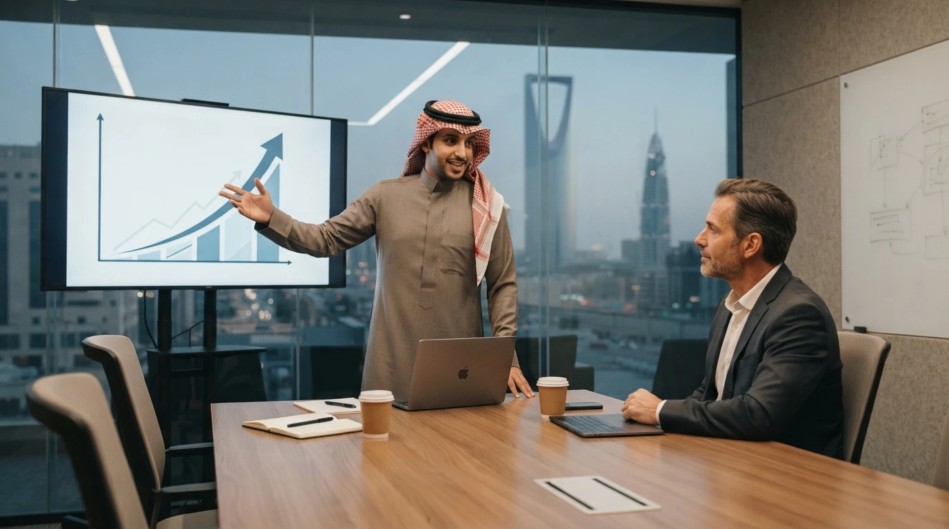 مؤسس يعرض نموذج أعماله على مستثمر في غرفة اجتماعات