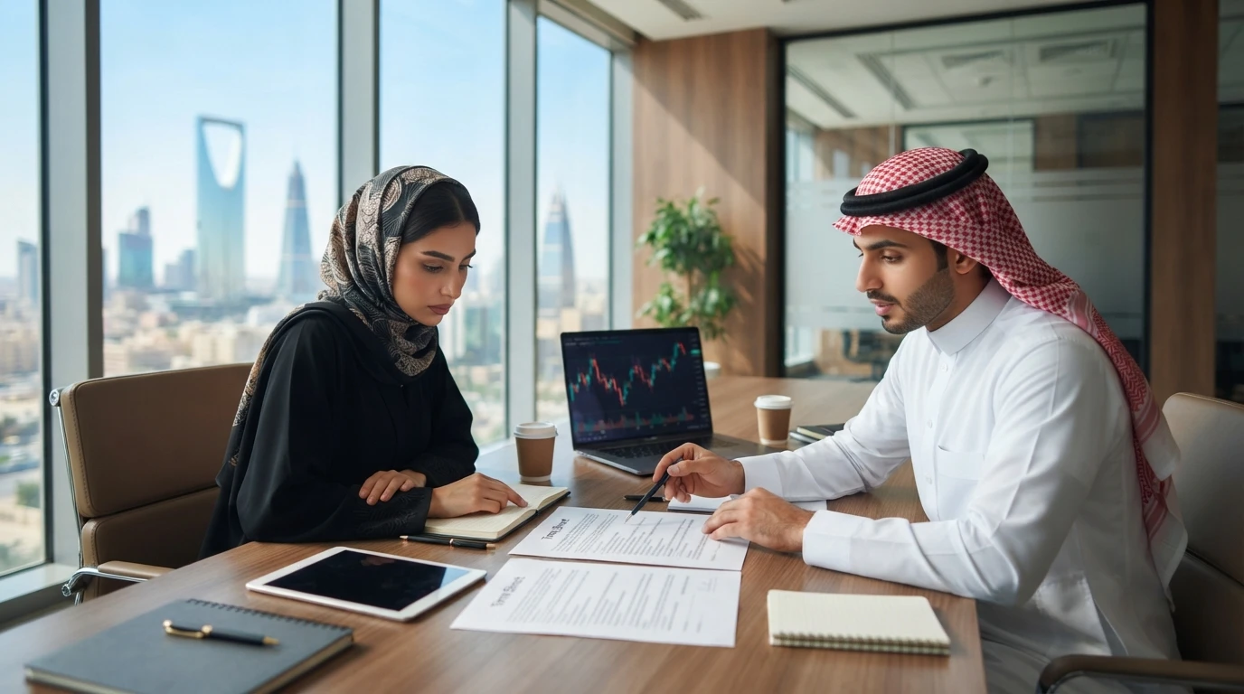 مستشار مالي يراجع ورقة شروط مع مؤسسة سعودية