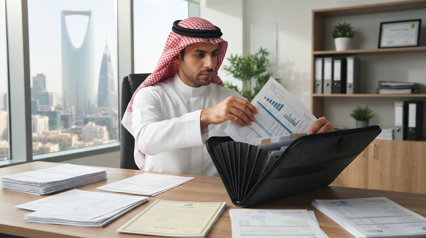 رائد أعمال ينظم مستندات مالية في مكتبه بالرياض