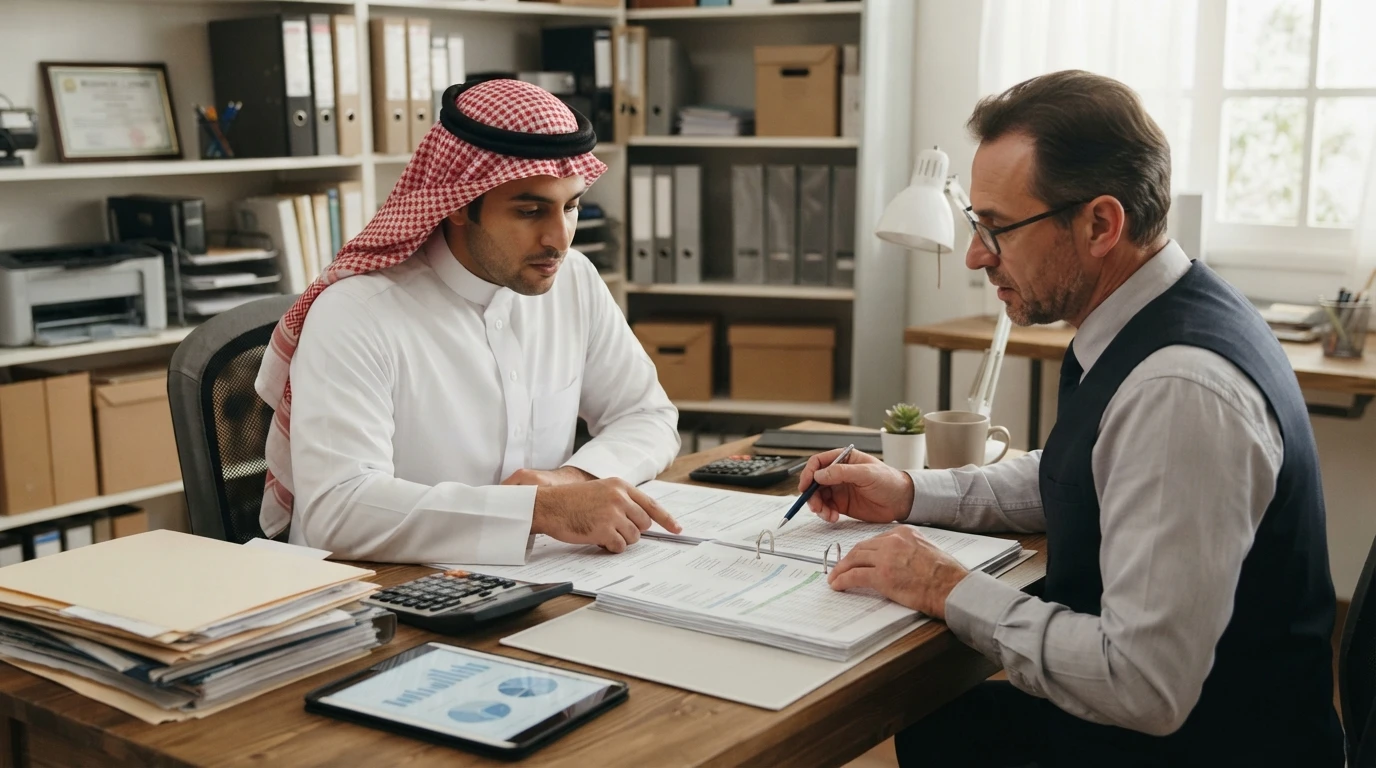 تاجر سعودي يراجع مستندات مع محاسبه