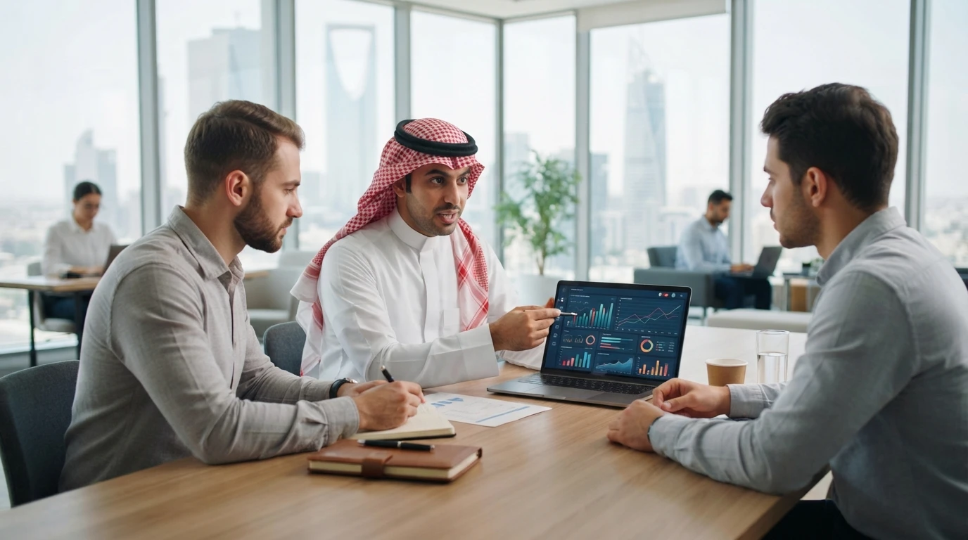 مستشار مالي يشرح تقريرا لرواد أعمال