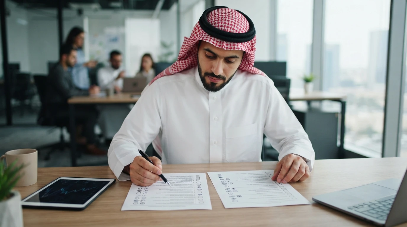 رائد أعمال سعودي يقارن ورقتي عمل على مكتب